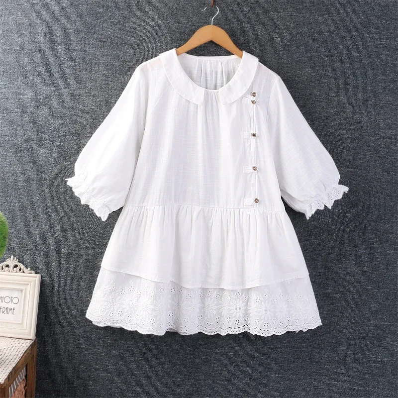 Summer Japan Style Mori Girl Lace Embroidery Cotton Linen Shirt Women Short Sleeve Kawaii Cute Peter Pan Collar Blouse Tops