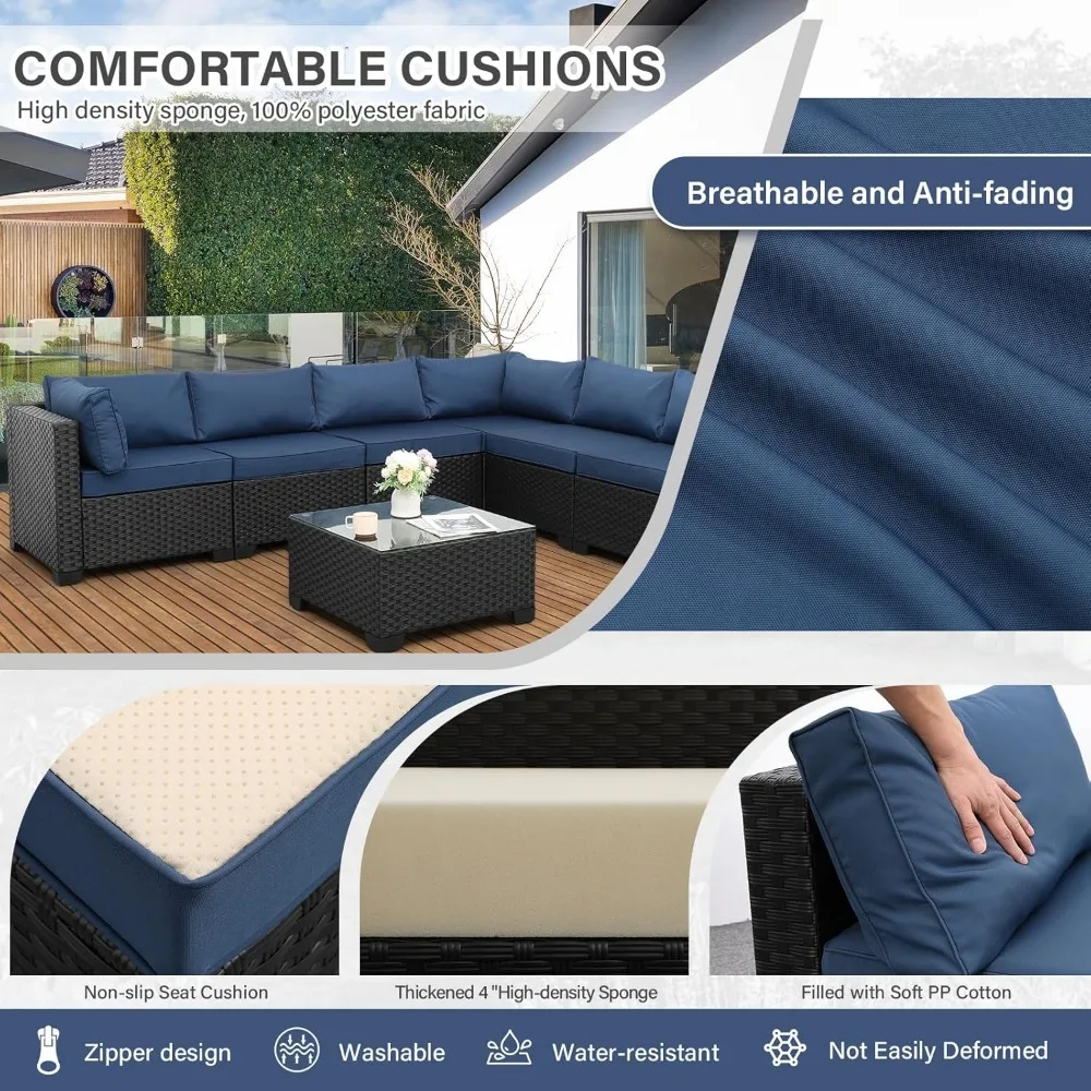 Outdoor PE Wicker Furniture Set, Patio Black Rattan Sectional Sofa Couch with Washable Navy Blue Cushions 6