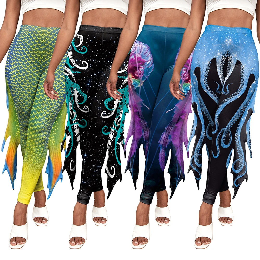 

Fish Scale Mermaid Octopus Print Women Leggings Trousers Ladies Workout Fitness Cosplay Clothing With Fins Wings