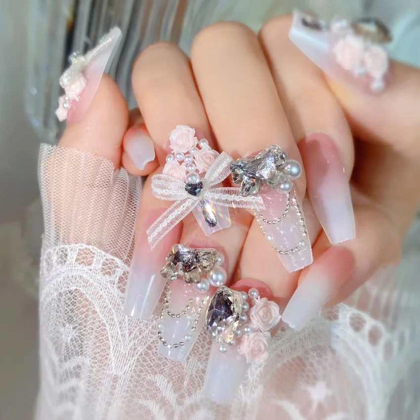

24Pcs/set Pink Lace Bow Design False Nails Long Press on Sweet Full Cover Acrylic Artificial Nails Fake Art Tips Stick On