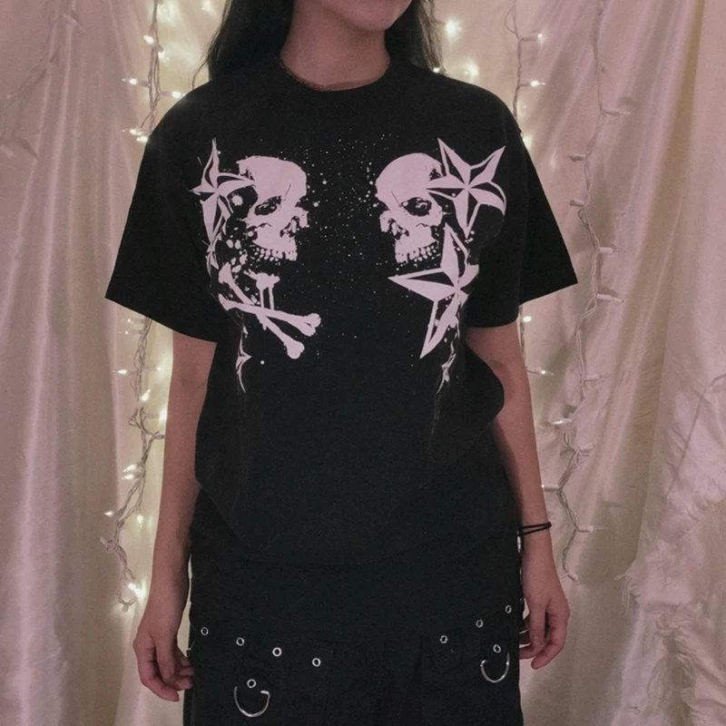 Cybercore y2k Clothes 2000s Aesthetic Women Graphic Skull Print O Neck