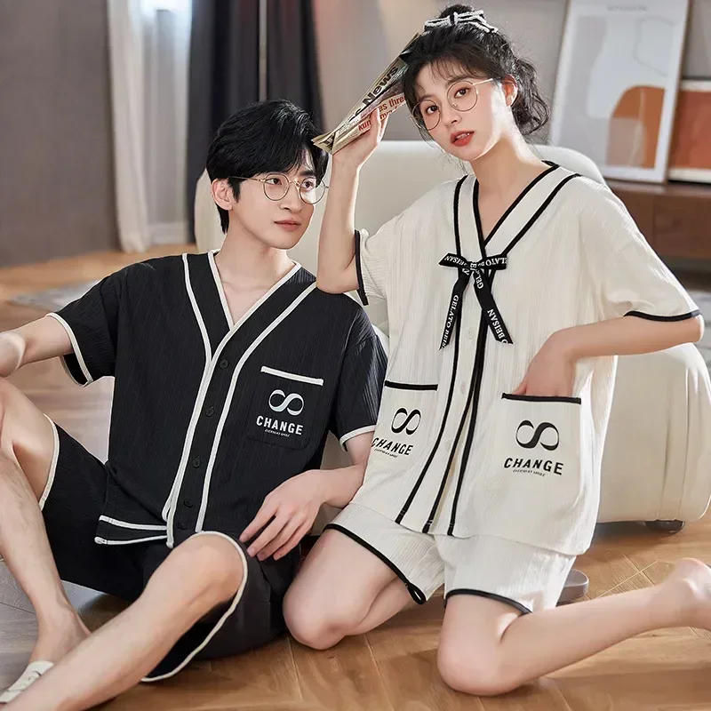 

Sleeping Set Couples Short Nightwear Tops Pant Japan Home Pajamas Loungewear Men Women Cotton For Summer Hombre Clothes