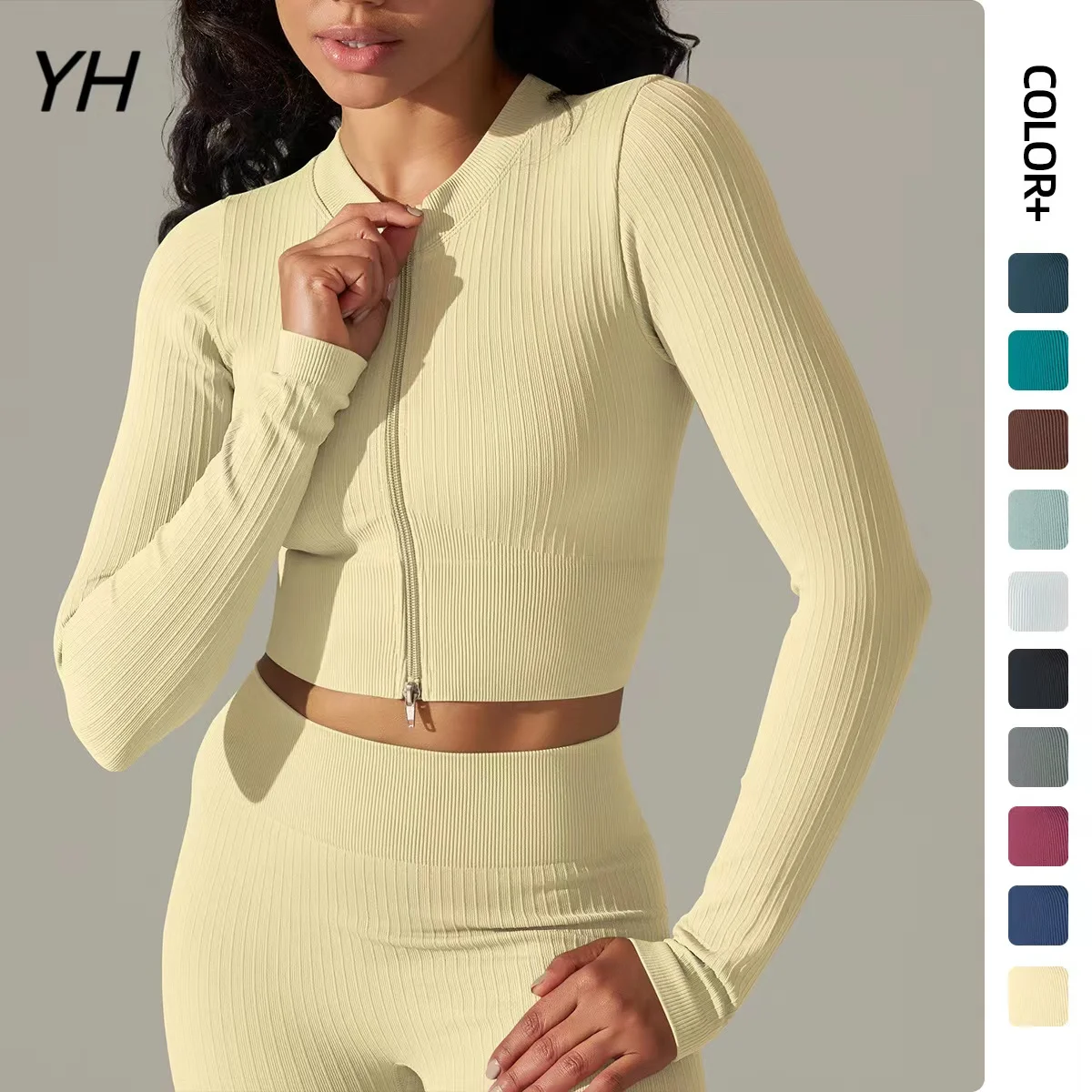 Women's Shirt Seamless Crop Top Fitness Shirts Long Sleeve Sports Top Woman Front Zipper Yoga Tops Gym Workout Active Wear