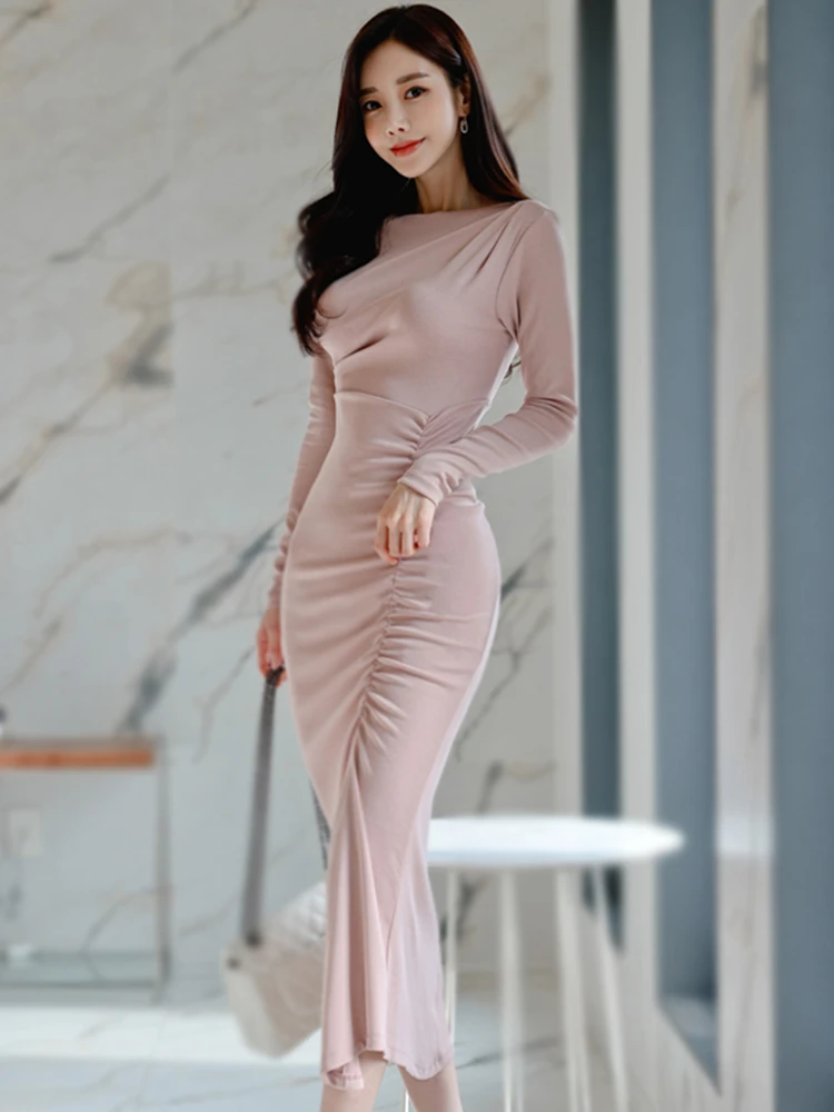 Summer Spring New Elegant Long Sleeve Slim Midi Dress Women Sexy Office ...