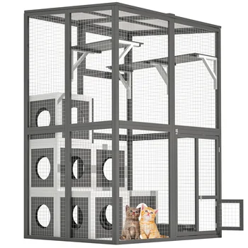 Deluxe Outdoor Cat Playpen - Solid Wood Catio with 2 Jumping Platforms, 7 Cozy Houses & Walk-In Access 1