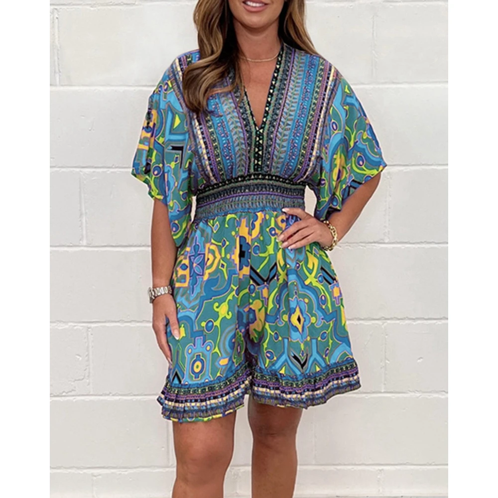 Женский комбинезон с коротким рукавом, летний слитный пикантный комбинезон с этническим принтом, повседневная одежда, комбинезон с широкими штанинами, уличная одежда