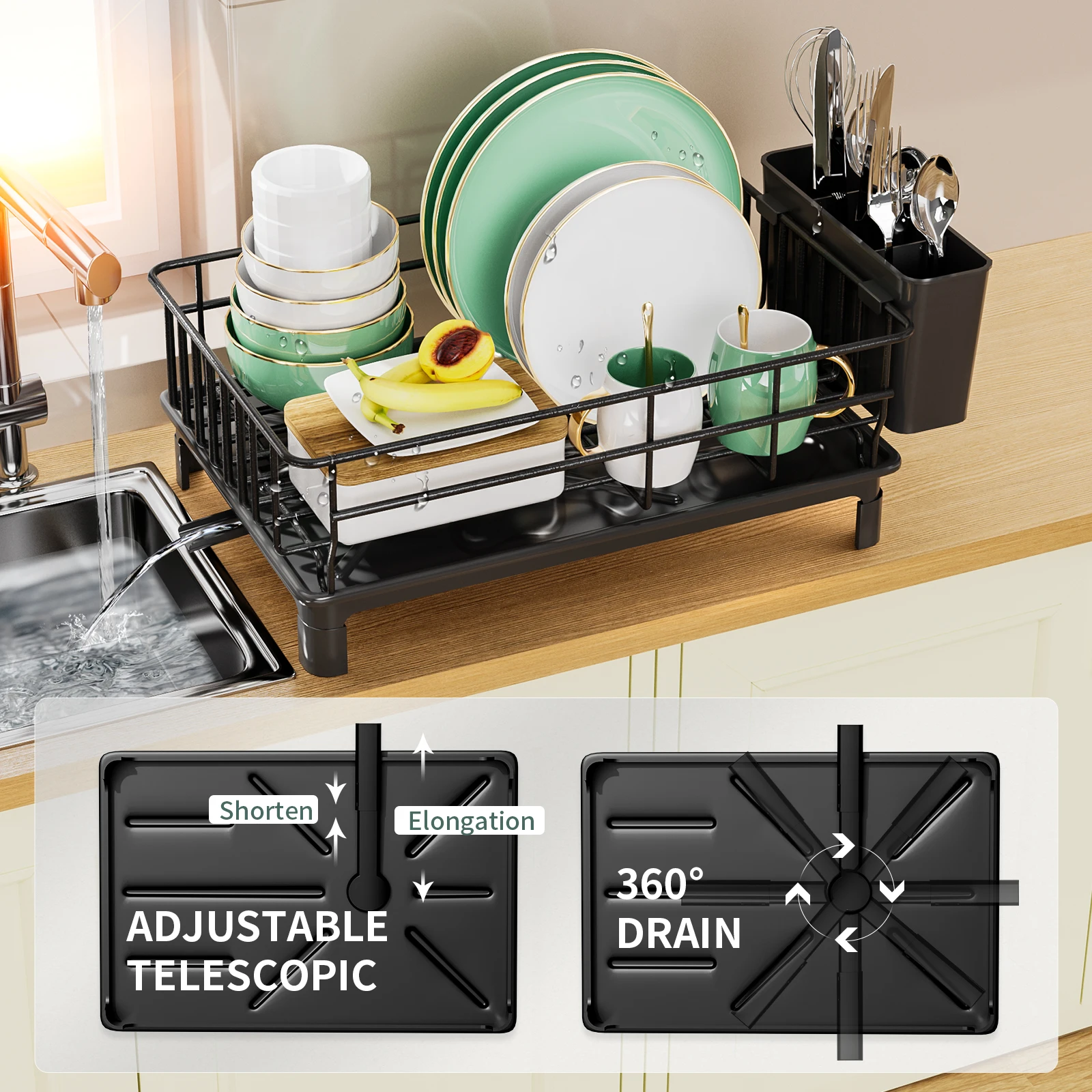 Dish Automatic Drying rack tableware storage countertop space-saving Black White 6