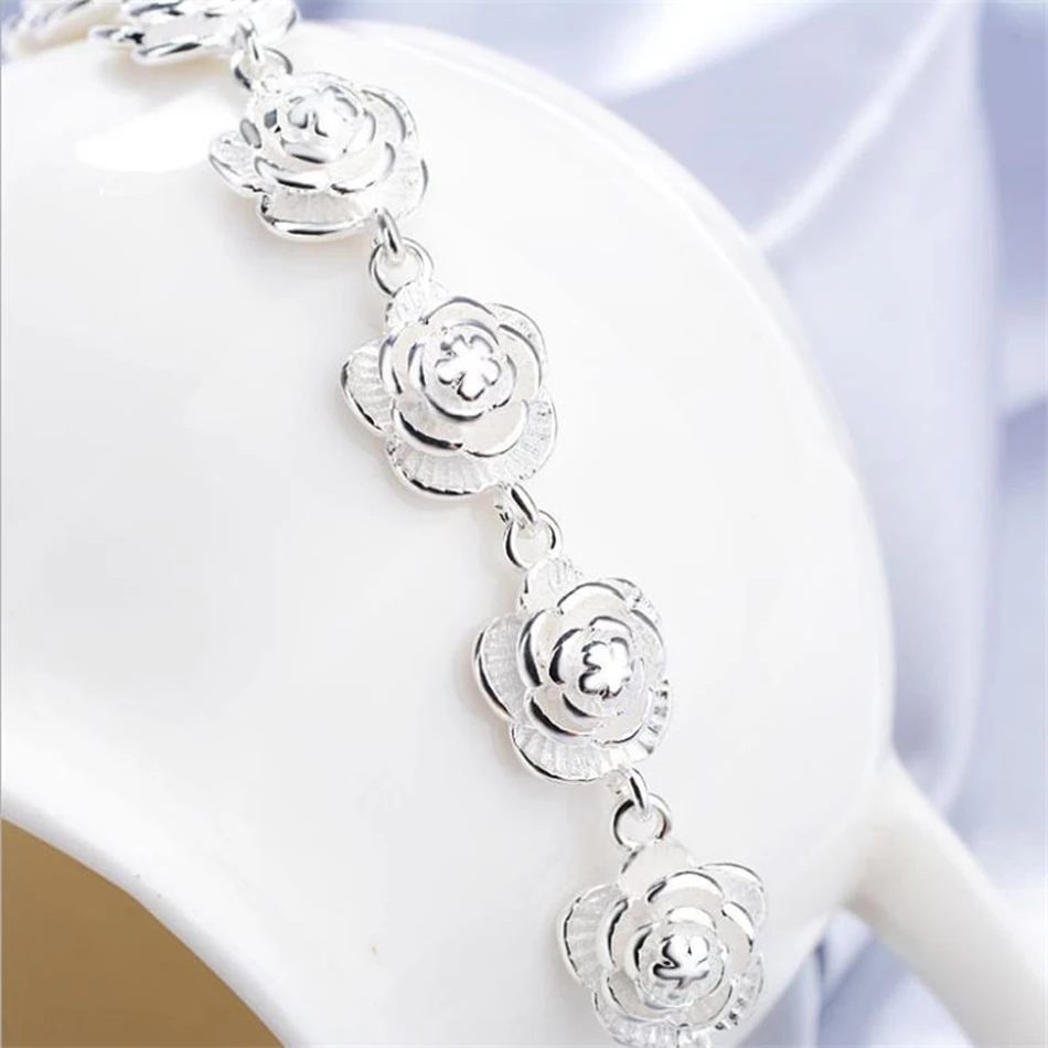 【HYERES LOR】25SS★ Essence Silver (W) Flower Bracelet 925 Sterling Silver Rose Flower Chain Bracelet For Women
