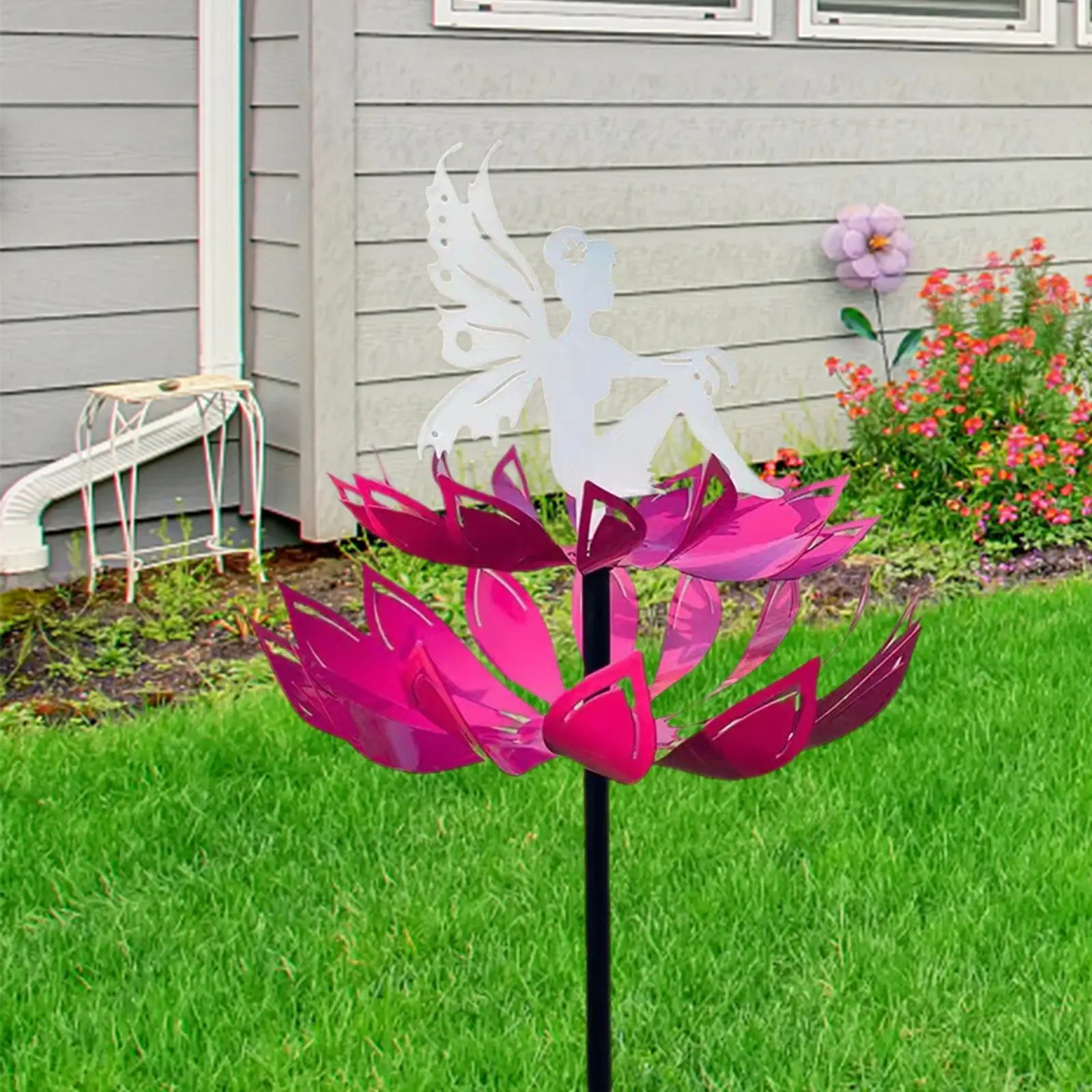 Garden Flower Fairy Sculpture Wind Spinner Accessory Flower Diameter 19cm Total Length 65cm for Yard Lawn Terrace Metal Windmill