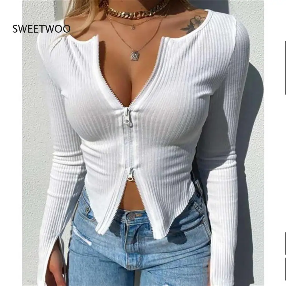 

2022 Women Spring Autumn T-Shirt Clothes Crop Top Long Sleeve Rib Knit Zipper Design Tee Sexy Female Slim Black White Tops