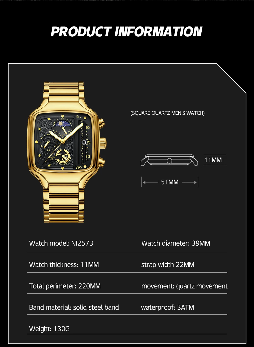 Square Quartz Men's Watch 2573 Nibosi