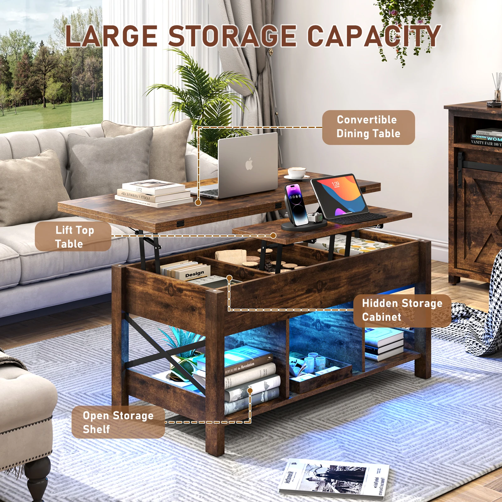 Multi-Functional lift top Coffee Table with Storage, living room rectangle center table with LED Lights & Charging Station