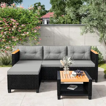 Grey PE Rattan L-Shape Patio Sofa Set 1