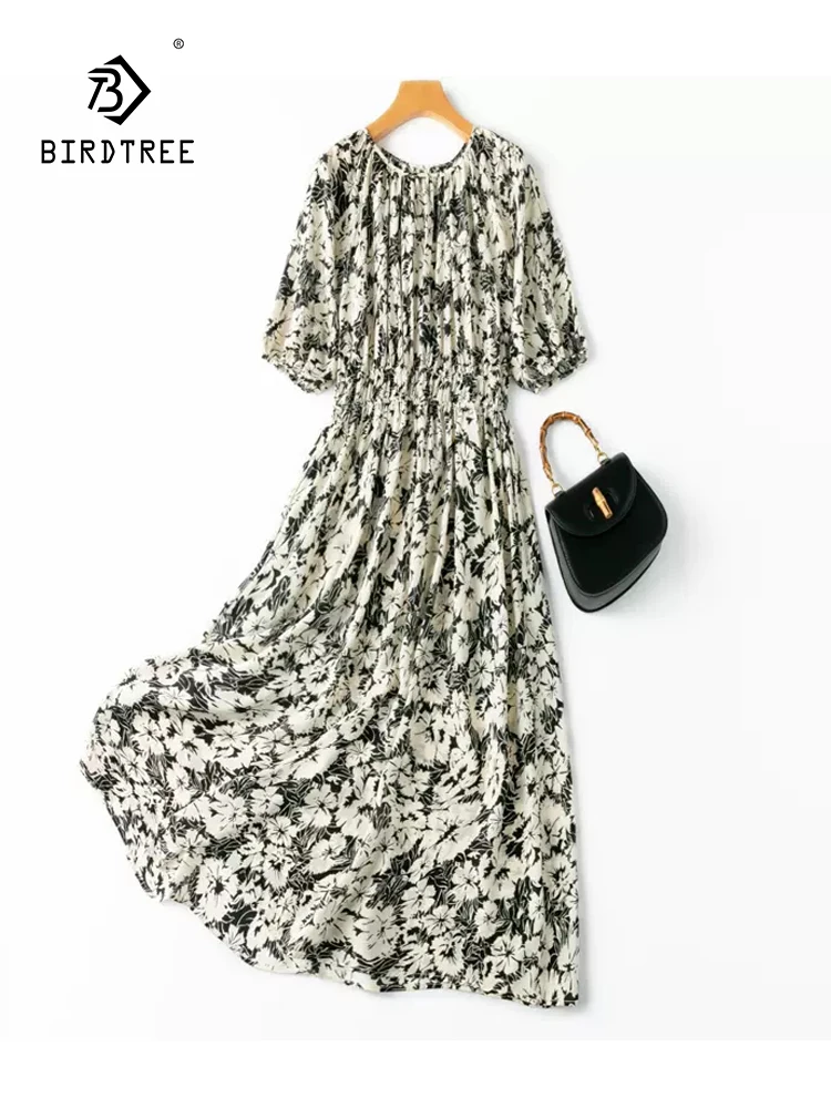 

BirdTree, 100%Real Silk Elegant Dresses, Women O Neck Lantern Sleeve Print, Literature Commute Chic Dress, 2024 Summer D44526QC