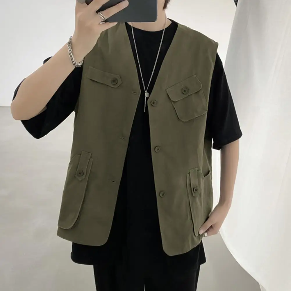 Description Picture 5 of itemSports Vest Coat Moisture-wicking Sports Vest Men's Collarless Sleeveless Cargo Waistcoat with Multi Pockets Buttons for Thin