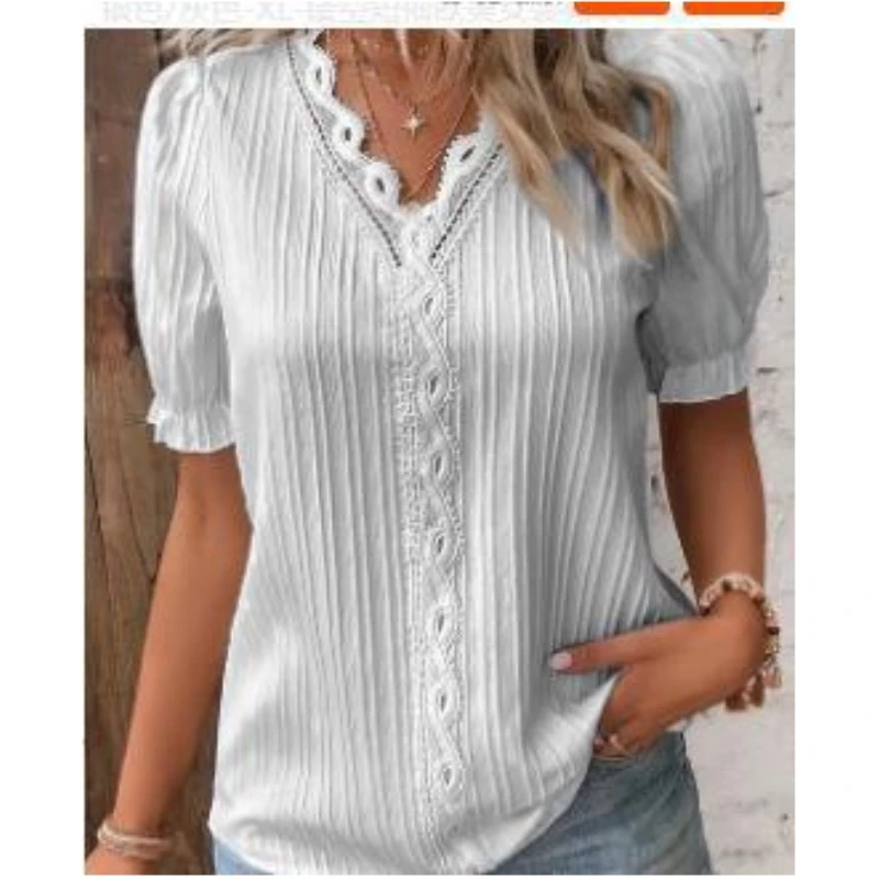 Sa808637a0b804b84a55ef2b6794522d23 Elegant Blouse Solid Shirt Lace Summer Fashion Hollow Short Sleeve Pullover Top Office Lady Shirt S-5XL Mallzona