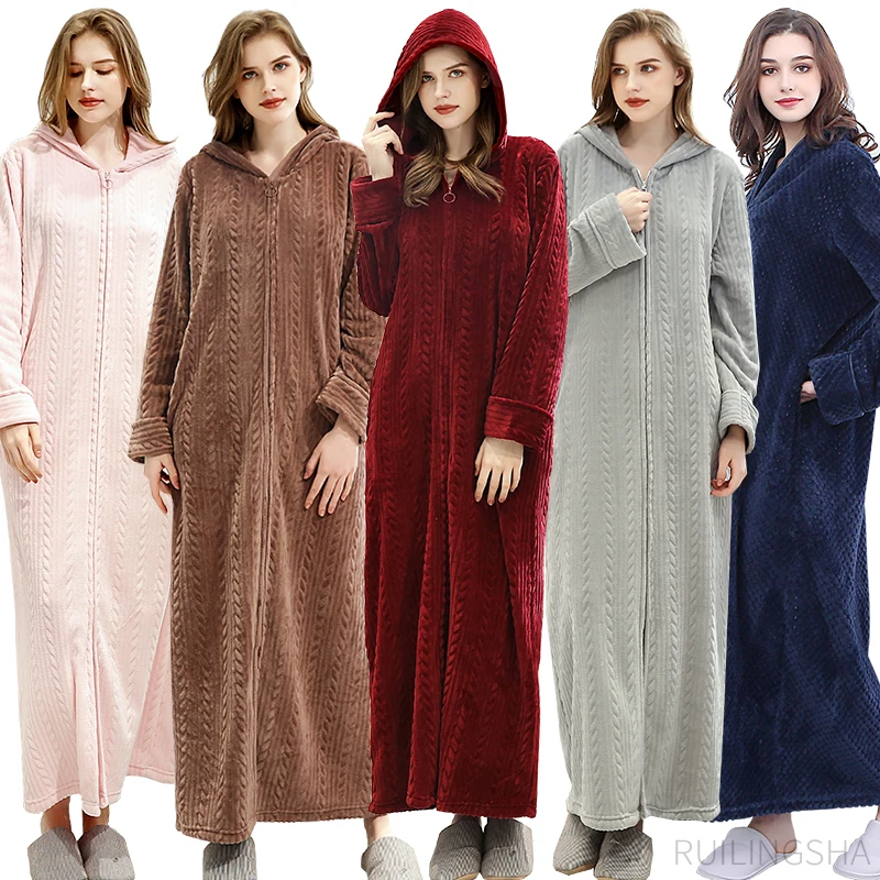 Women Winter Extra Long Hood Warm Flannel Bathrobe Pregnant Plus Size Zipper Dressing Gown Men