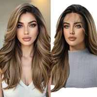 DWY 13*6 Brown Black Ombre Lace Frontal Synthetic Wigs Long Wave Hair For Women Daily Natural Free Part Wig Heat Resistant Fiber 1