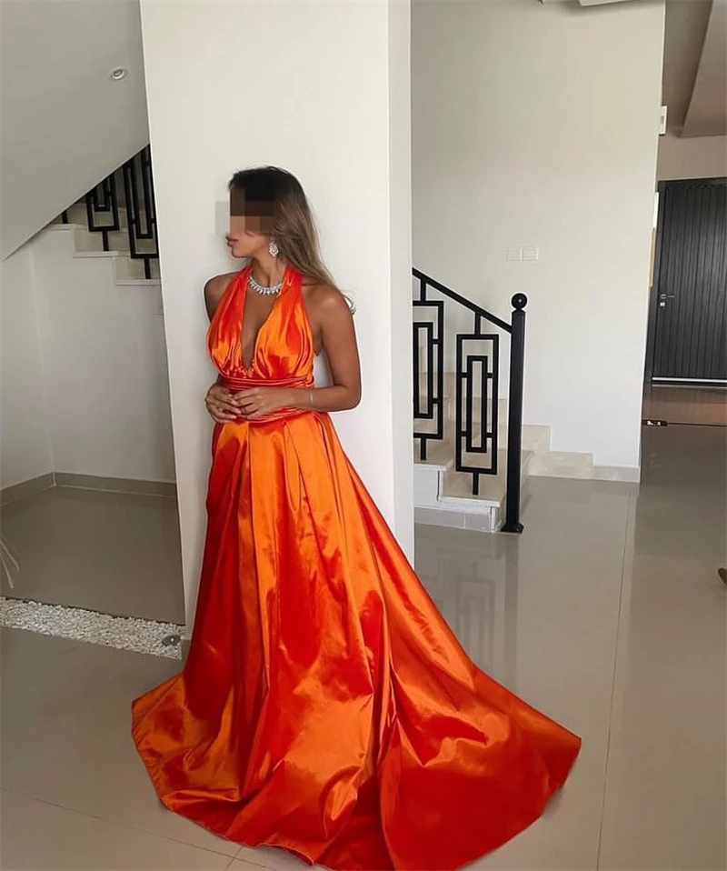 Eightree Orange Halter Evening Dresses for Women Backless A Line Dubai Wedding Guest Dress Floor Length Satin Formal Prom Gowns