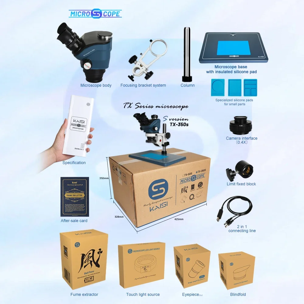 TX-350s 삼안 스테레오 현미경 세트 3.5X-100X 줌 Simul Focal 삼안 현미경 1080P 4K HDMI 비디오 카메라