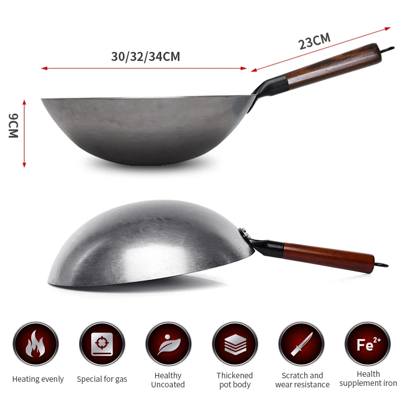 Traditional Iron Wok Non-coating Hand forged Kitchen Pan Wooden Handle