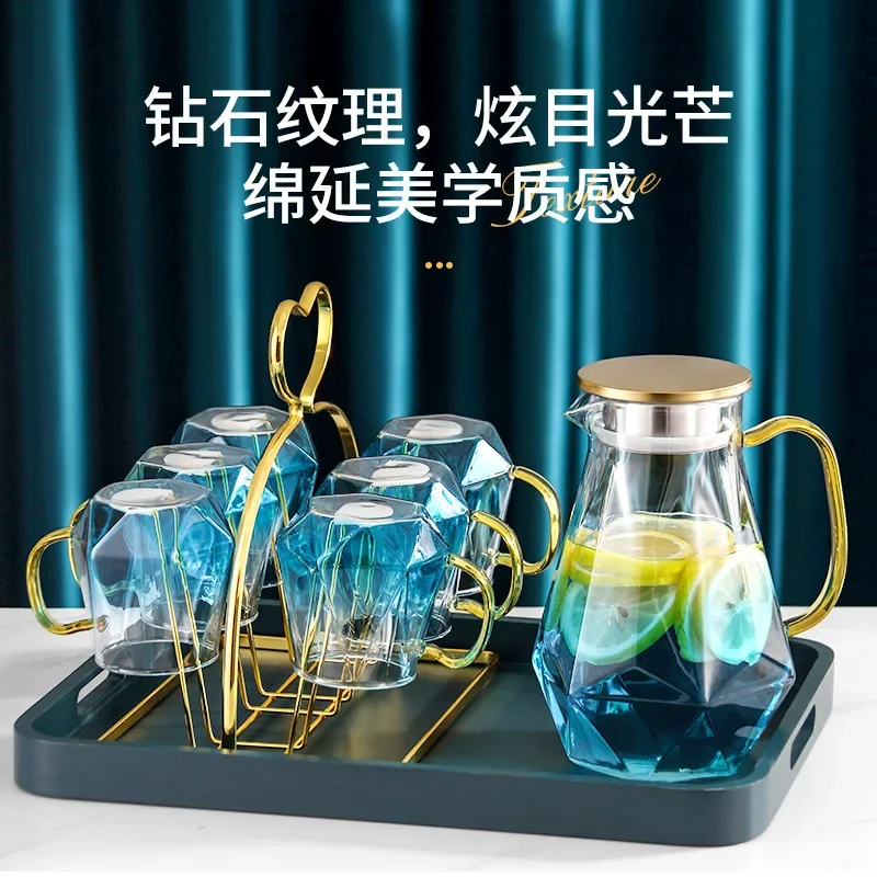 Heatable Gradient Glass Water Jugs Pitcher Cups Stainless Steel Stand Storage Tray Cold Hot Drinks Kettle Diamond Drinkware Set