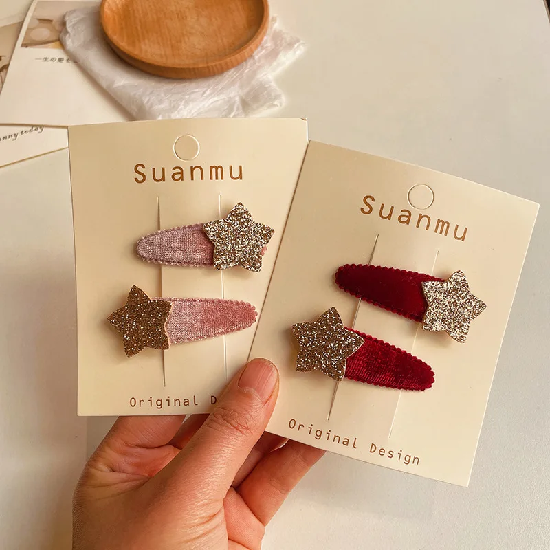 2pcs Five-pointed Star Broken Hair BB Princess Fabric Velvet Water Drop Bangs Clip Headwear Girls Kids