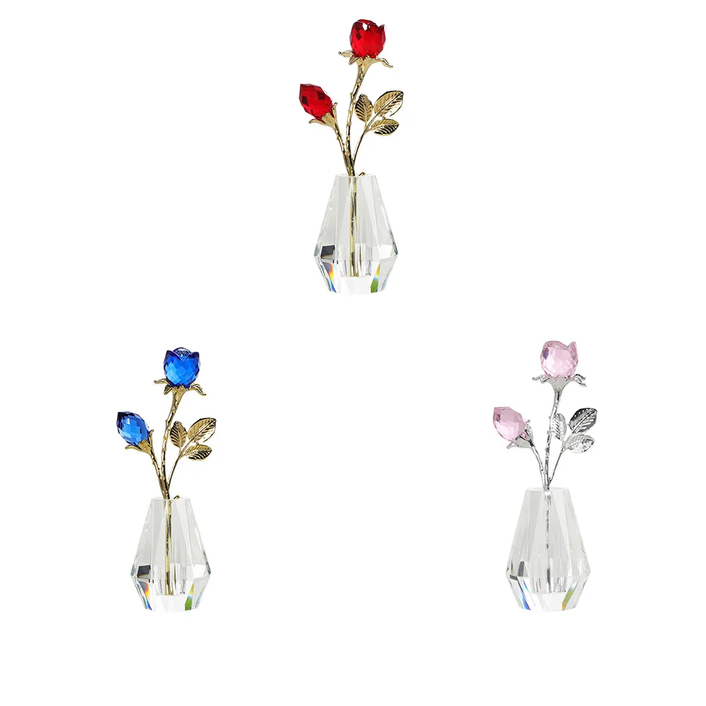 Kryształowa róża figurka ze srebrnym słupem-elegancki prezent na każdą okazję dwa kryształowe niebieskie różowe wysokiej jakości różowy srebrny pręt