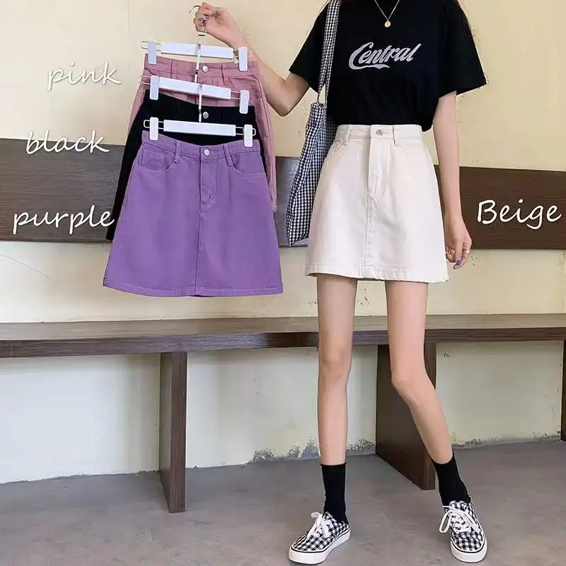 Jupaopao Fashion Solid Demin Mini Skirt Women Summer 2023 New Korean Causal Jean Short Skirt Female Y2K Purple Faldas Mujer 5xl short sleeve coat summer korean loose version jeans female stitching plaid hooded cardigan short demin outwear