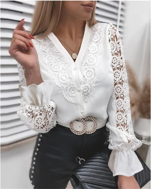 Blusa informal de encaje para Mujer, camisa holgada con botones, color  blanco liso, Estilo Vintage, coreana