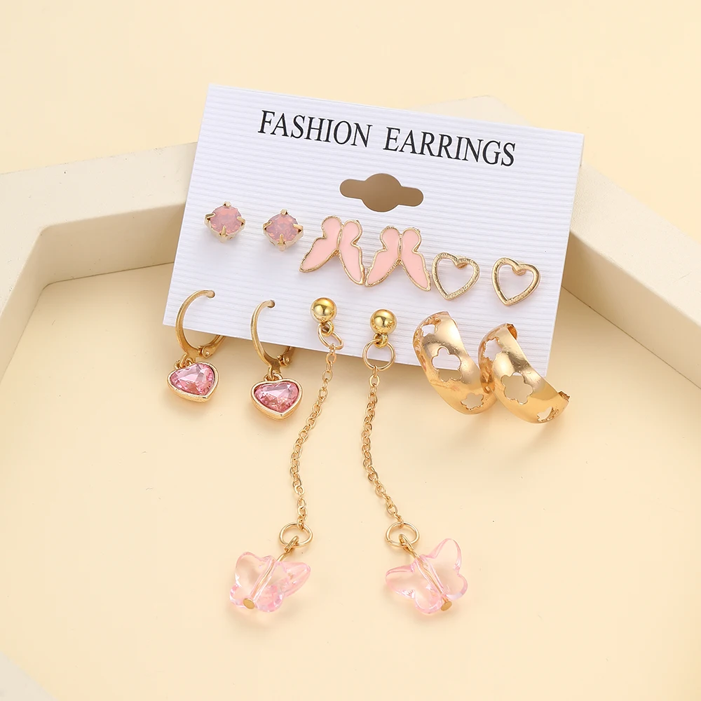 Pink Heart Butterfly Dangle Earrings Set Vintage Metal Geometric Stud Earring for Women Fashion Trendy Jewelry Gifts 2023 New