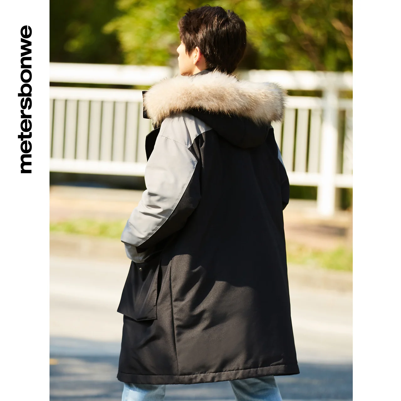 Metersbonwe Contrast Sleeve And Color Blockin Down Jacket For Men Loose Long 80% Gray Duck Down Jacket Hooded Warm Winter Coat