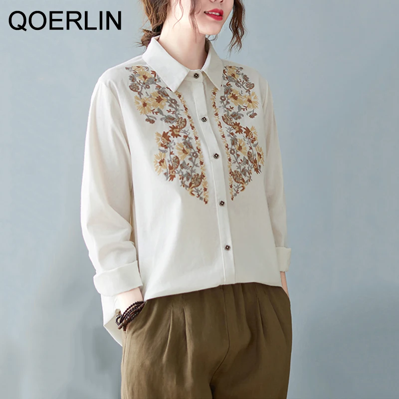 QOERLIN Retro Linen Blouse Women Turn-Down Collar Long Sleeve Shirts Single-Breasted Loose Casual Elegant Tops Shirts Button Up