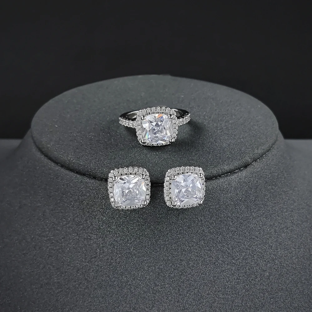 India Dubai Silver Color Cushion CZ Jewelry Set Engagement Ring Stud Earring for Women Party Gift Size 11,12,13 J1099-pink silver jewelry,silver jewelry set,jewelry set