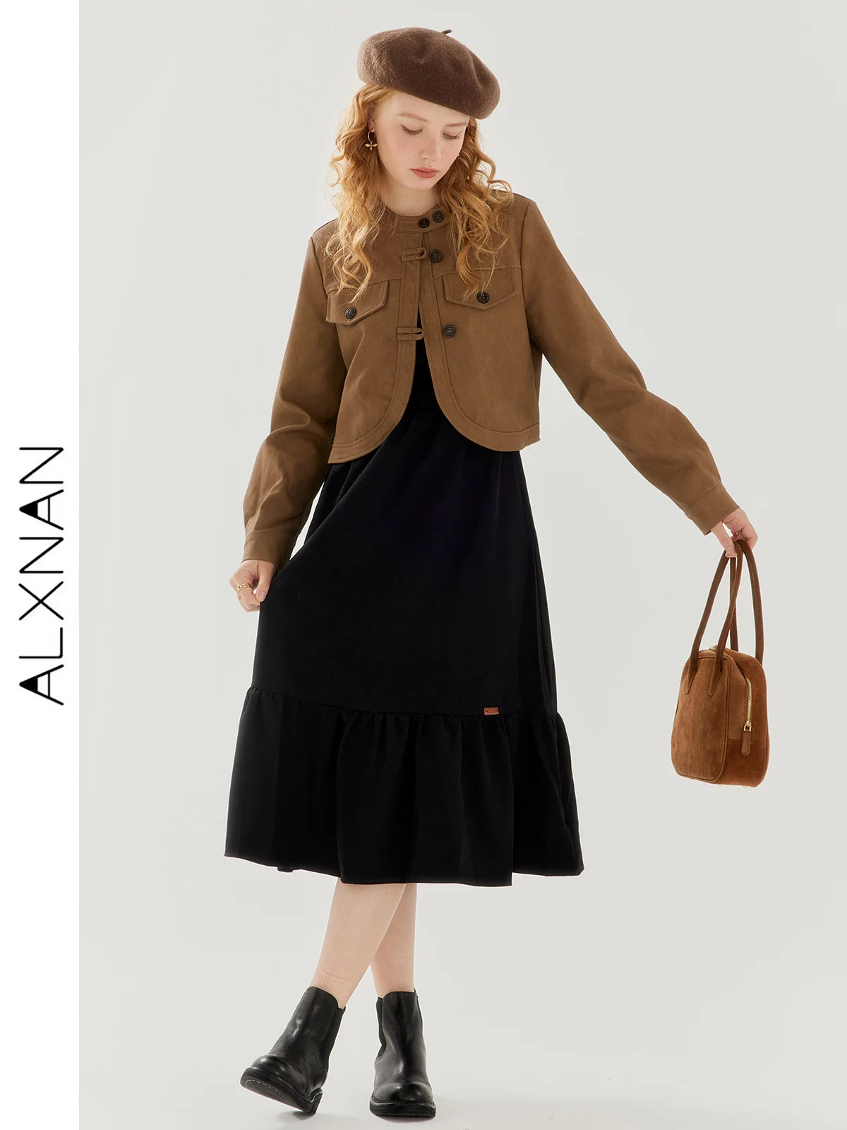 ALXNAN Vintage Leather Jacket Dress Suit For Women 2024 Autumn Winter Design Short Jacket Suspender Dress Sold Separate TM00603