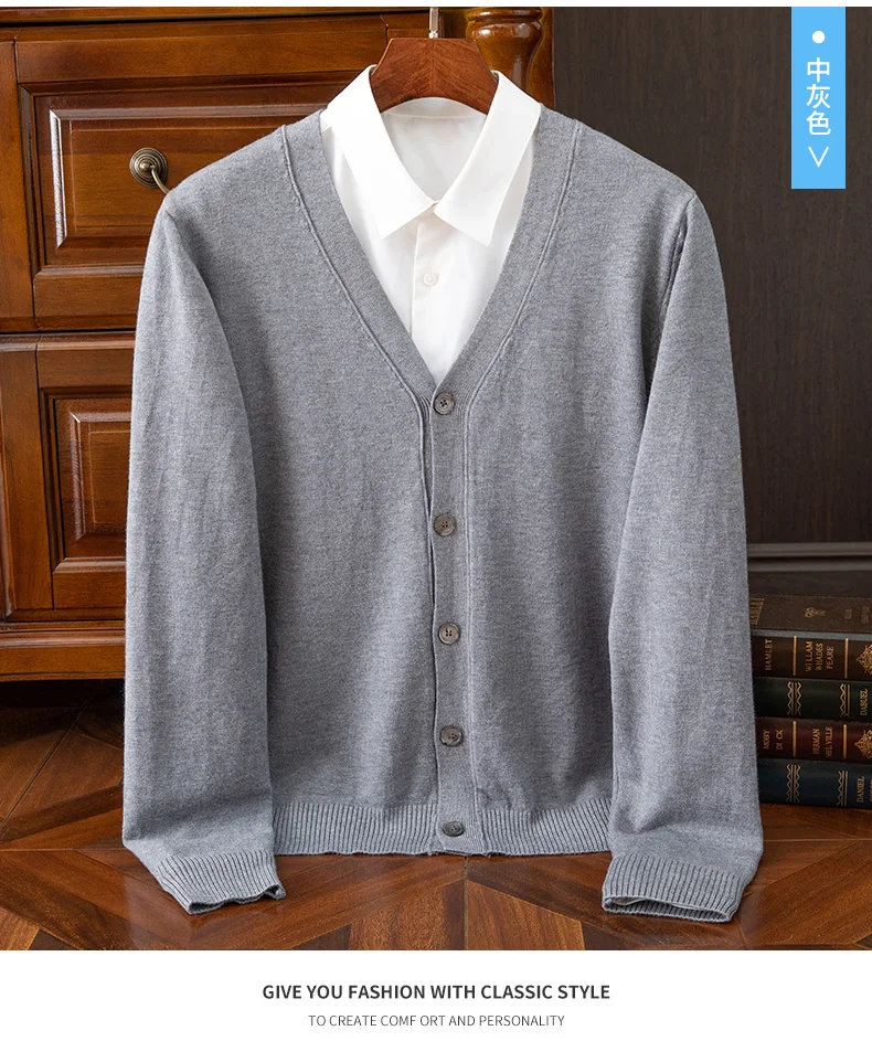 YSC-Cashmere Blend Cardigan de tricô masculino, monocromático,