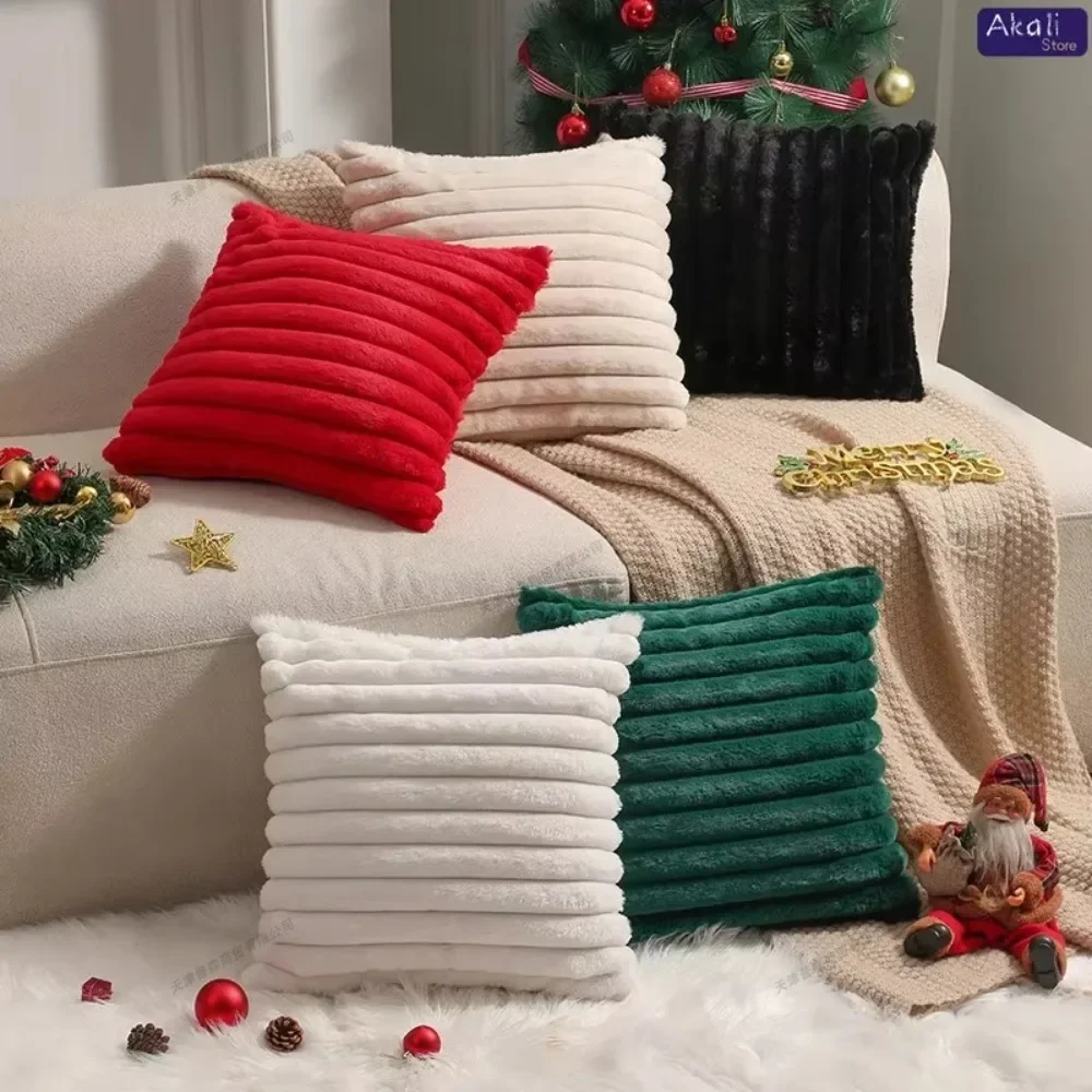 Faux Rabbit Fur Cushion Cover Plush Pillow Cover Soft Fluffy Striped Cushion Decorative Pillows Luxury Home Decor for Sofa
