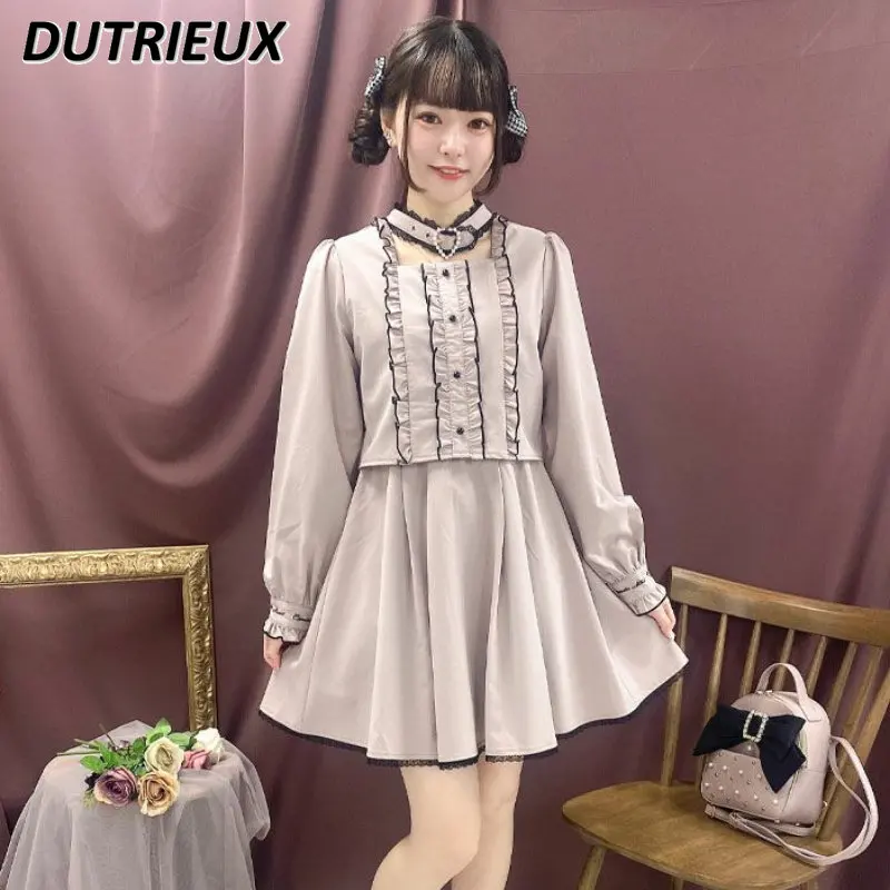 

Spring Autumn Long Sleeve Women Dress Heart Buckle Sweet Lolita Casual Dress 2023 New Rojita Sytle Simple Midi Dress for Student