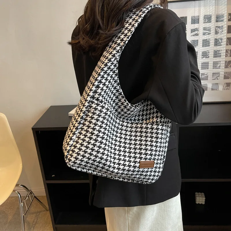 New Fashion Women Canvas Shoulder Bags Houndstooth Pattern Cloth Fabric Tote Large Handbag INS Cute Shopping Bag For Ladies