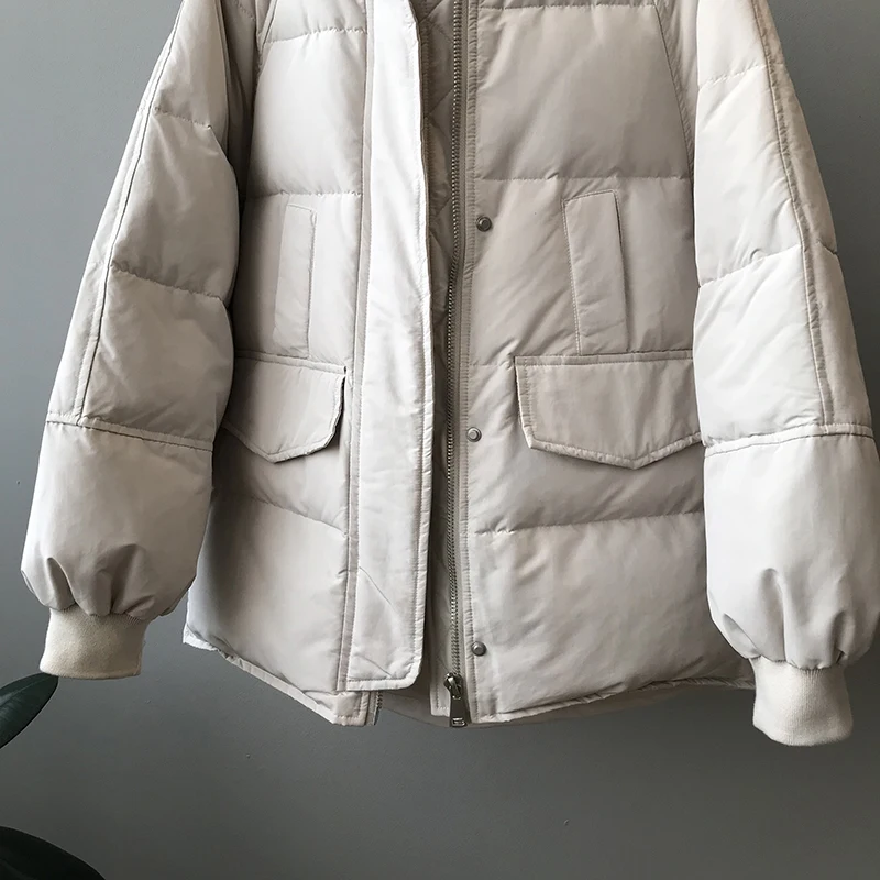 QOERLIN Vintage Zipper Baseball Cotton Puffer Jacket Women Winter New Korean Casual Loose Thicken Warm Coat with Pocket Overcoat