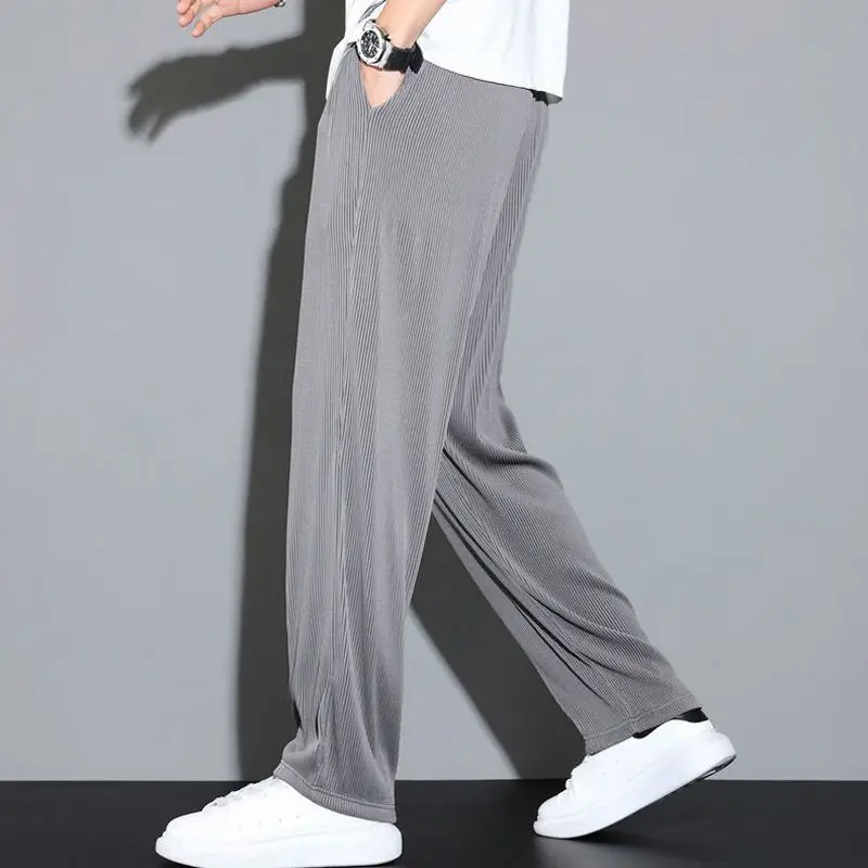 Summer New Sagging Ice Silk Loose Wide Leg Pants Men\'s Solid Thin Elastic Waist Drawstring Straight Quick Drying Casual Trousers
