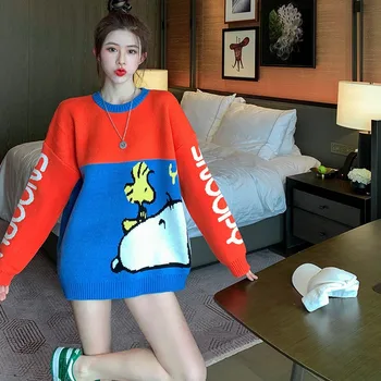 여성용 귀여운 만화 스웨터 풀오버 스웨터, 카와이 스누피 루즈핏, 살을 덮는 긴 플러스 사이즈, 2023 년 가을 겨울 신상