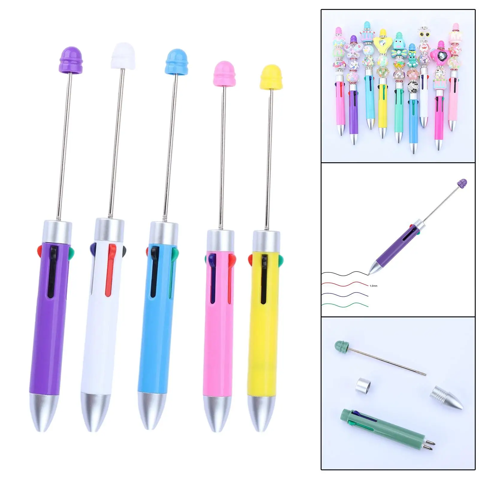 5 Pieces Rollerball Pen Multipurpose Portable DIY Bead Ballpoint Pen Beadable Pens for Journaling Writing Exam Spare Draw School