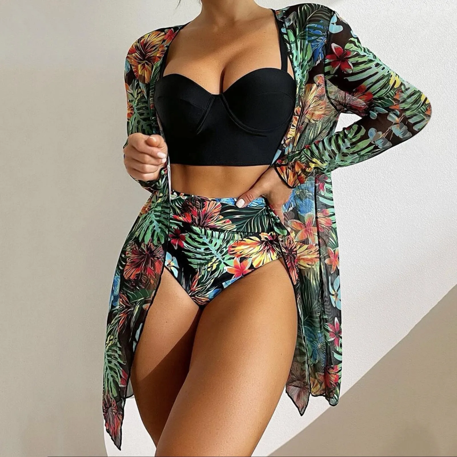 

Sexy Women Floral Print Bikini Swimsuit Beach Cover Up 2024 Summer High Waist Bathing Suit Kimono Cardigan Long Flowy Beachwear