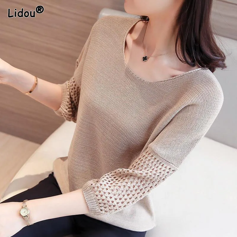 

V-Neck Plain Colour Hollow Out Office Lady Top Batwing Sleeve Slight Strecth Women's Clothing Middle Sleeve Loose Leisure Daily