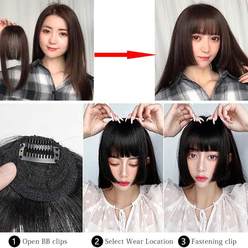 False Bangs Synthetic hair Bangs Hair Extension Fake Fringe Natural hair clip on bangs Light Brown HighTemperature wigs