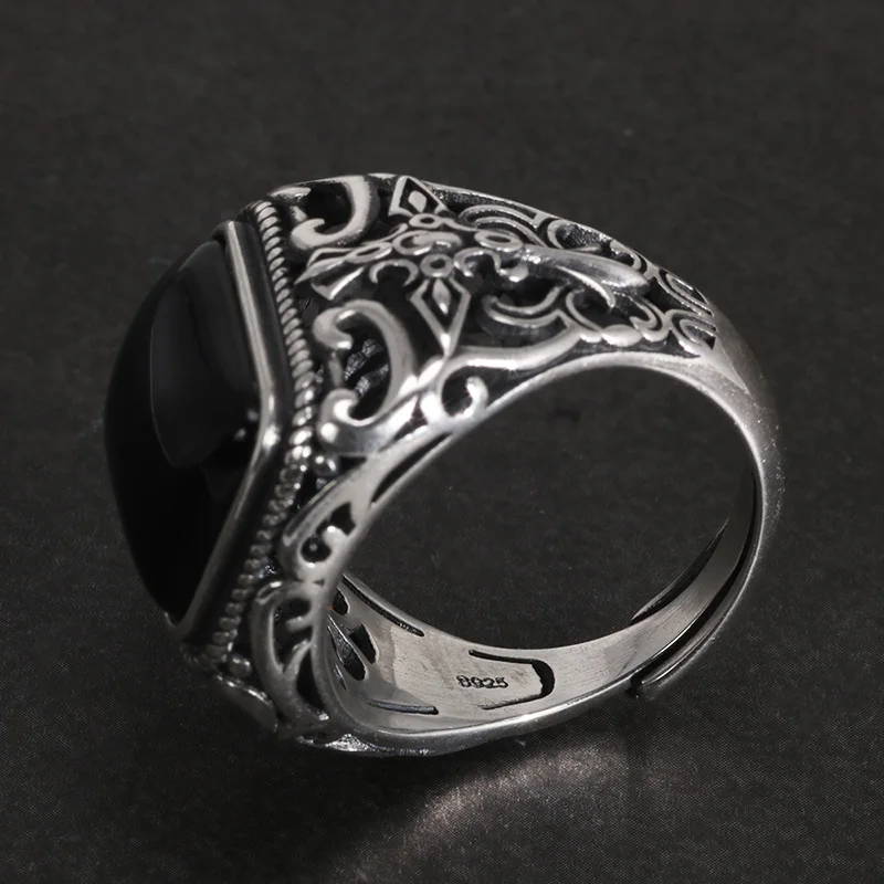 Real 925 Sterling Silver Vintage Rings For Men Natural Black Onyx