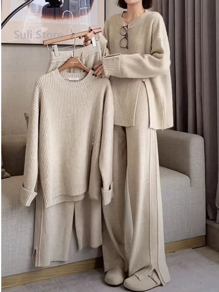 2025 Autumn and Winter Lazy Retro Hem Split Sweater Women's Simple Casual Loose and Thin Design Sense Knitted Suit 1