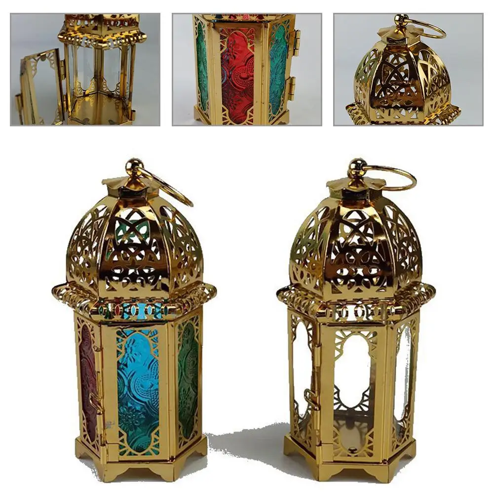 Gold European Castle Candlestick Vintage Hanging Candle Holder Moroccan Glass Candle Lantern Wedding Home Decor Ornaments