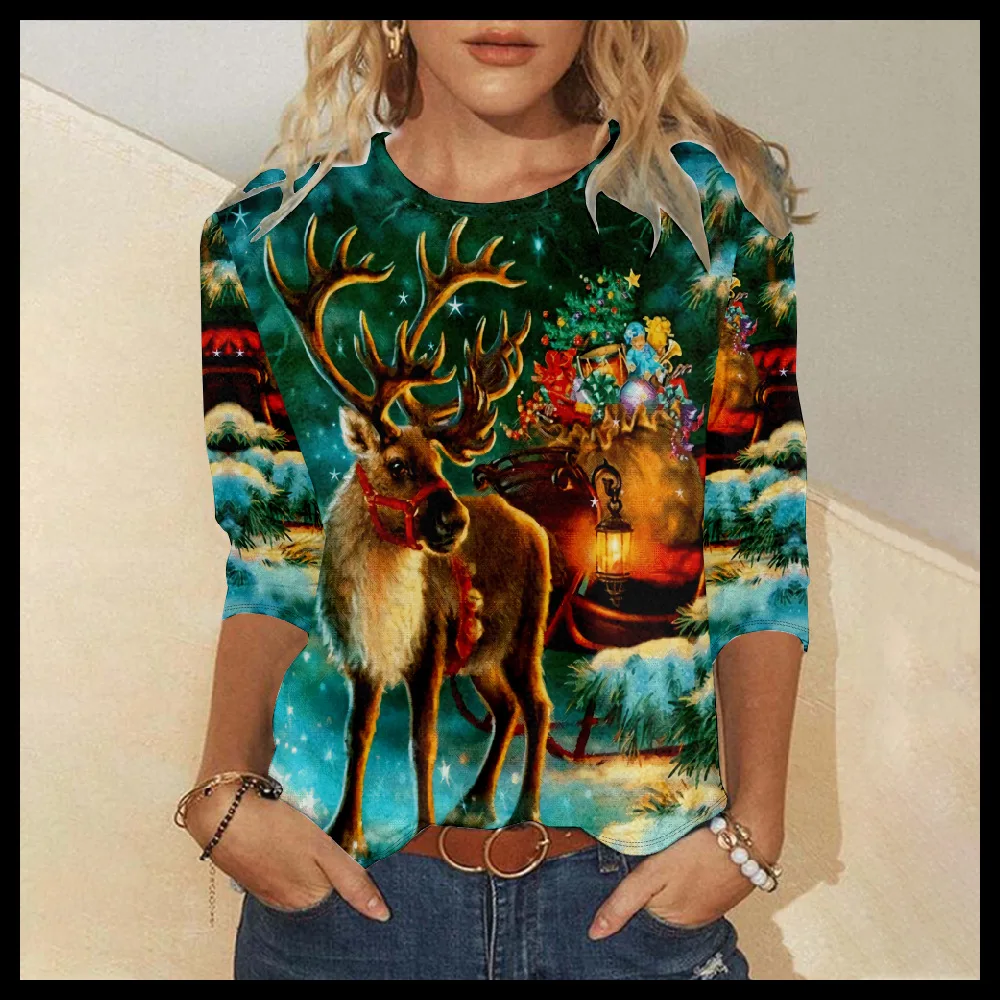 

Женская свободная Рождественская футболка с круглым вырезом, осенне-зимний Повседневный Топ с длинным рукавом